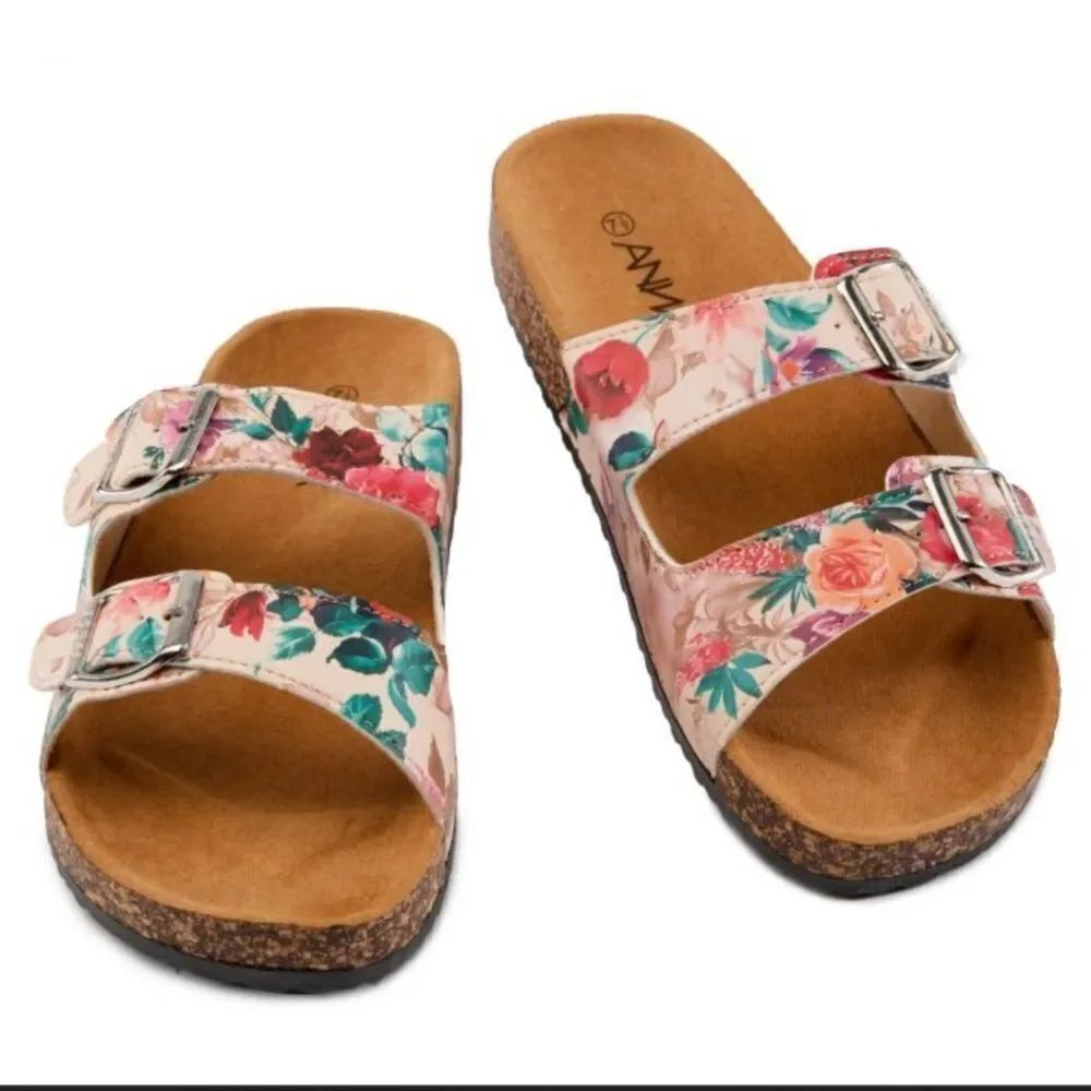 BRAND NEW ANNA FASHION DOUBLE ADJUSTABLE BUCKLE STRAP FLORAL PRINT SANDAL